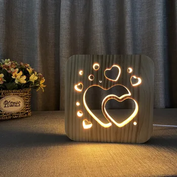 Madeira de Coração a Lâmpada da Noite da 3D LED Luzes da Noite para o dia dos Namorados Presente Criativas de Decoração do Quarto Branco Morno de Madeira-de-Cabeceira Nightlight