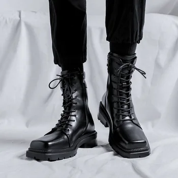 marca italiana designer de mens botas de dedo do pé quadrado sapatos fase boate vestido de cowboy original de couro de inicialização de alta platfom cavaleiro das botas