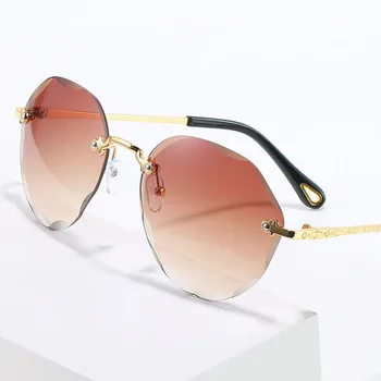 Moda sem aro dos Óculos de sol das Mulheres Rodada de óculos de Sol da Marca de Luxo Feminino, Metal Tons UV400 Óculos, oculos de sol