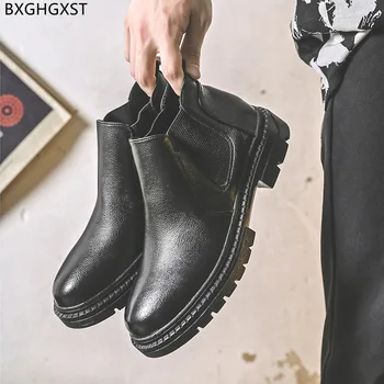 Motocicleta preto Botas para Homens Masculino Chelsea Boots Homens de Couro Casual Sapatos para Homem 2022 Botas de Inverno Homens Chaussure Homme Zapatos