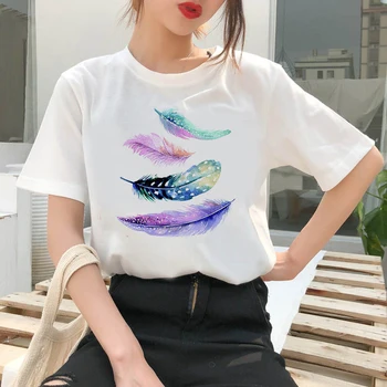 Mulher Misteriosa Impressão de Penas T-Shirt de Verão Fresco Short Sleeve Top Coat Harajuku Rua de Venda Quente em torno do Pescoço T-Shirt