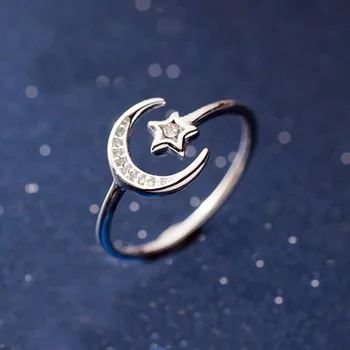 Mulheres Bonito, Cor de Prata Estrela Lua Abrir Anéis Ajustáveis Branco Zircão Anéis de Cristal de Finas Jóias Acessórios de Moda