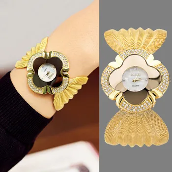 Mulheres De Luxo Pulseira Relógio De Diamantes Brilhante Borboleta Cinto De Malha De Senhora Relógio De Quartzo Do Trevo De Quatro Folhas Design De Relógios De Pulso Elegante