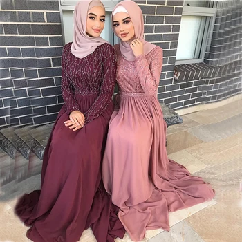 Muçulmano Vestidos de Noite para as Mulheres de Manga Longa Jóia de Uma Linha de Trem de Varredura Principais Beading Modesto Ocasião Formal Vestido