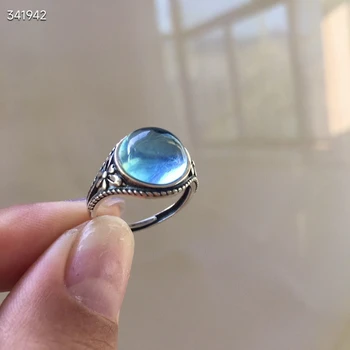 Natural Azul Aquamarine de Cristal do Anel Ajustável Rodada de 13,6*6mm Prata 925 Esterlina, Anel de água-marinha de Moda AAAAAA