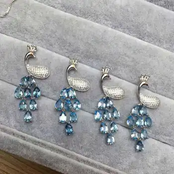 natural topázio azul Pingente pedra preciosa natural colar pingente prata 925 esterlina Linda menina Pavão presente de finas jóias