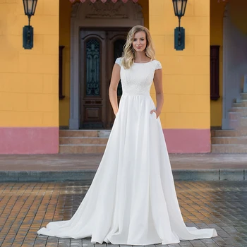 Nova Chegada Vestido De Casamento A-Linha S-Pescoço Manga Rendas Bordados Abertos Para Trás Tribunal De Trem Vintage Vestido De Noiva