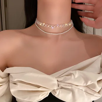 Nova moda de personalidade dupla camada de pérolas de cristal colar feminino requintado clavícula cadeia tendência jóia do partido