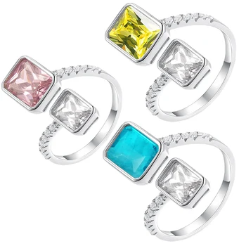 Novo S925 rosa prata diamante amarelo praça de costura abrir o anel de nicho design sentido feminino criativa jóias de luxo