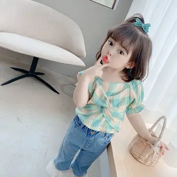O Bebê Meninas Xadrez Blusas, Camisas De 2021 New Kids Verão Meninas Tops Puff Manga Estilo Coreano Crianças Princesa Preto Verde Blusas