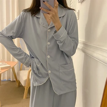 O Coreano Azul De Outono Pijama Conjunto De Mulheres Entalhado Camisas Com Gola + Calças Compridas De Duas Peças De Casa De Terno Casual Algodão Pijamas Homewear