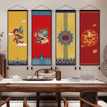 O Estilo Chinês De Dragon Phoenix Tela De Rolagem Pinturas Cartaz Pendurado Na Parede De Arte Casa Decor Vintage Decoração Do Quarto Estética