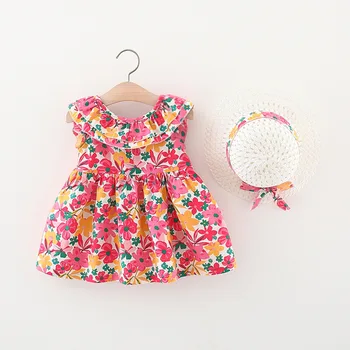 O verão recém-nascidos roupas de menina floral colete vestido para criança bebê meninas roupa 1º aniversário da princesa vestidos vestido + chapéu
