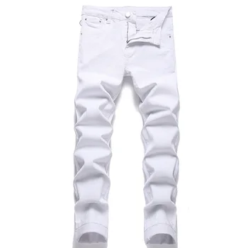 Os Homens De Branco Puro Stretch Denim Jeans Streetwear Cónica Magro Calças Clássicas Calças