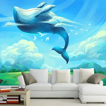 Papel de parede de Baleia, sob o céu azul de desenhos animados papel de parede mural,sala de estar, sofá parede de crianças'bedroom papéis de parede decoração da casa