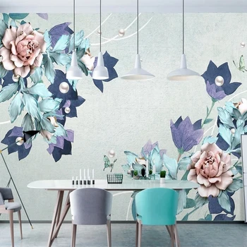 Personalizadas de Fotos em 3D Europeia Jóias Pérola Azul Flores Mural de Não-tecido de Palha Textura do papel de Parede Quarto Sala de estar com TELEVISÃO pano de Fundo de Parede