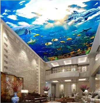 Personalizado com foto 3d papel de parede Não tecido Sea World Dolphin peixe cluster imagem de plano de fundo de teto murais, decoração de quarto de pintura
