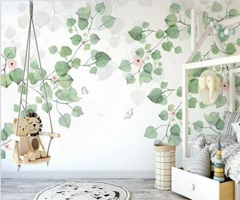 Personalizado de folha de papel de parede pintados a mão Nórdicos romântico pequenas folhas frescas de flores sofá de vime TV na parede do fundo 3d papel de parede