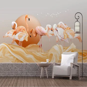 Personalizado de Qualquer Tamanho, Mural de Parede 3D Modernos de Estilo Chinês, Resumo de Ouro Fita Paisagem Flamingo Fundo de Decoração de Parede