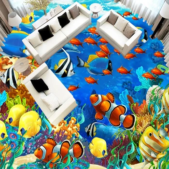 Personalizados de adesivos de Chão Mural, papel de Parede 3D do Mundo Submarino Peixes Tropicais casa de Banho Cozinha 3 D Ladrilhos de Papéis de Parede Adesivo