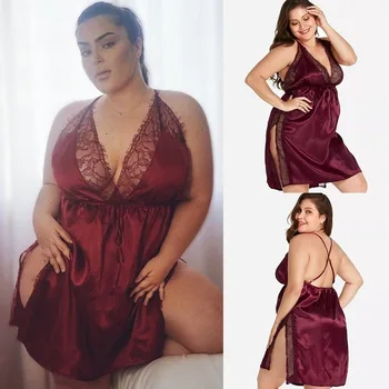 Plus Size Moda L~8XL Mulheres Profundo Decote em V Pijama Cinta de Espaguete Camisolas de Renda de Lingerie, Vestido