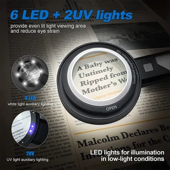 Portátil de Leitura lente de aumento 6X 9X15X Lupa Com Luz 6 Luzes LED 2 Luzes UV Notas Detector de Luz Para Leitura