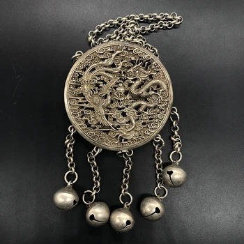 Raras Chinês Colecionáveis Miao Yin Cobre Artesanal Dragão e Phoenix Amuleto Auspicioso Colar Pingente (Ya Jin Bloqueio) Estátua