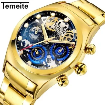 Relógios de pulso dos Homens 2019 de melhor Marca de Luxo de Ouro Cronógrafo Homens Relógios de Ouro Grande, Masculino, Impermeável e à prova de choque relógio de Pulso