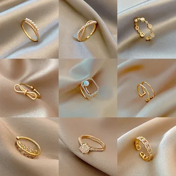 Retro ins maré vento frio abrir anel feminino Japonês e coreano simples pérola zircão ring on-line celebridade cauda anel, anel de ouro