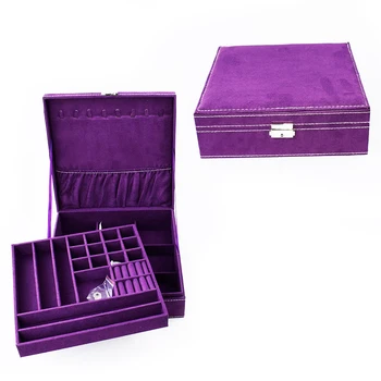 Roxo dois-camada de fibra de caixa de jóias organizador de exibição de armazenamento em caso de bloqueio