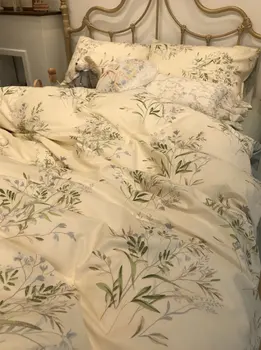 Rústico pastoral verde conjunto de roupa de cama,elegante flor de algodão twin completo, rainha, rei de têxteis lar folha plana fronha de capa de edredão