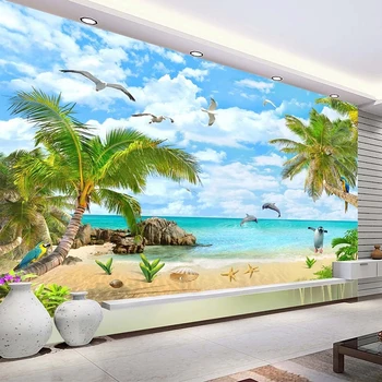 Seascape coqueiro Areia de Praia Foto 3D papel de Parede Para Sala de estar Decoração do Quarto Impermeável Auto-adesivo Adesivo de Parede Mural