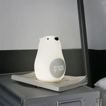 Silicone Desenho Animado Do Urso Polar Noite De Luz Com Relógio Criativas De Led Lâmpada De Cabeceira Para Crianças Lâmpada Da Noite Quarto De Crianças De Luz Presente Brinquedo