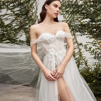 Uma LINHA de Vestido de Noiva Para Mulheres sem Alças de Ombro Fora Apliques de Noiva Vestido Andar de Comprimento Tribunal Trem Vestido De Noiva
