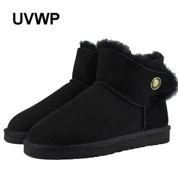 UVWP Moda de pele de Carneiro Genuína de Couro Mulheres Botas de Neve de 100% Pele Natural Botas de Inverno Quente de Lã Ankle Boots Botas para Mulheres