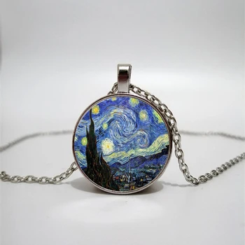 Van Gogh retro pintura a óleo de vidro colar feito a mão foto de família colar da jóia personalizada de vidro colar de presente de pintura a óleo funciona