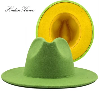 Venda Quente De Lã De Feltro Chapéu Fedora Jazz Panamá Verde Limão Amarelo Patchwork Mulheres Homens Algodão, Chapéu De Aba Larga