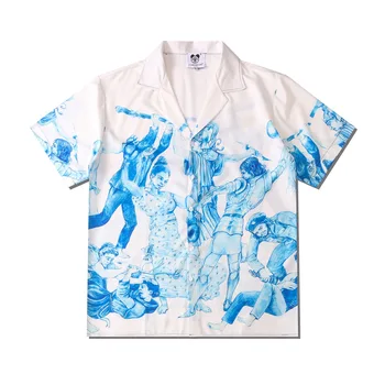 Verão Nova Mens Vintage Imprimir Camisa Branca De Moda Manga Curta Praia Havaiana Harajuku Shirts Para Os Homens, Camisa Social Masculina