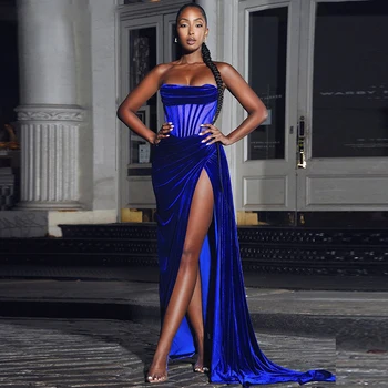 Vestido De Festa Azul Das Mulheres Vestido De Noite Comprido 2023 Moda Elegante Sereia Sweetheart Costas Abertas Alta Fenda De Senhoras Elegantes Espaguete S