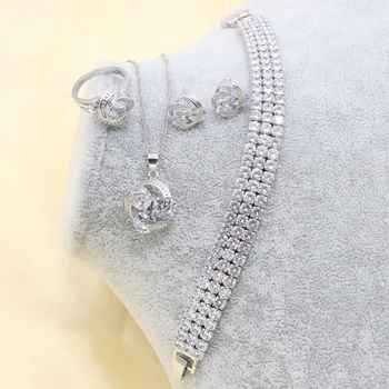 Xutaayi Branco Zirconia Prata 925 conjuntos Mulheres de jóias com a Pulseira, Brincos, Colar de Pingente Anel de Presente de Aniversário